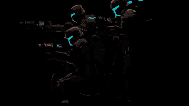 a group of futuristic soldiers with glowing blue lights on their faces