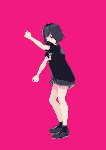 a girl in a black shirt and skirt is standing on a pink background