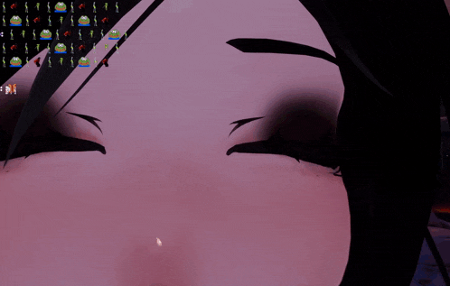 a close up of a girl 's eyes with a pattern of frogs on the background