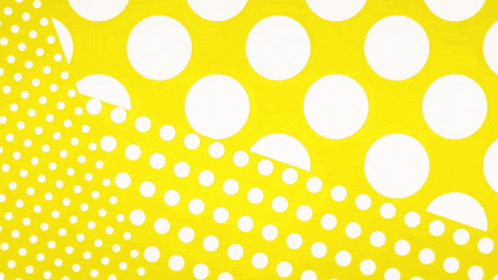 a man in a suit stands next to a woman and a dog on a yellow polka dot background