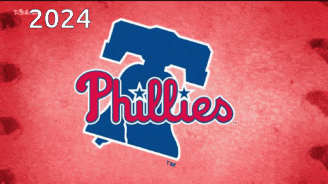 a phillies logo on a red background with the year 2024 above it