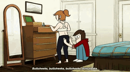a cartoon shows a man and a woman in a bedroom and says " buttcheeks buttcheeks buttcheeks "
