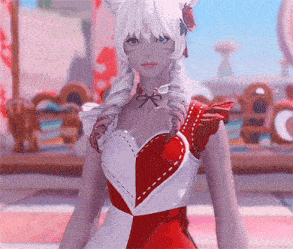 a woman with white hair is wearing a red and white dress with a heart on it