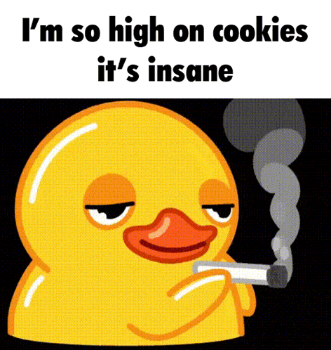 a yellow rubber duck is smoking a cigarette and says `` i 'm so high on cookies it 's insane ''