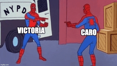 a cartoon of spider-man pointing at victoria and caro while standing next to each other .