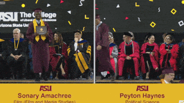 two pictures of a graduation ceremony with the name sonary amachree on the left and peyton haynes on the right
