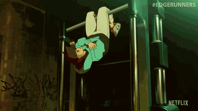 a cartoon of a person hanging upside down on a bar with netflix written on the bottom right