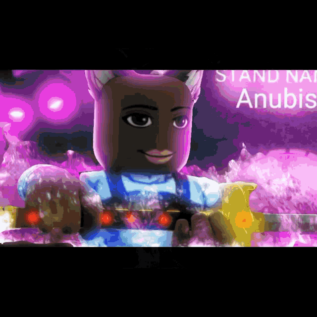 a cartoon character is holding a sword in front of a purple background that says stand nai anubis