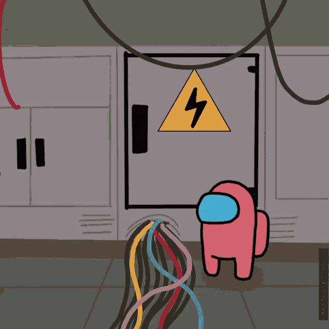 a cartoon drawing of among us characters with a yellow triangle with a lightning bolt in the middle