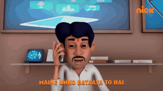 a cartoon of a man talking on a phone with the words maine unko bataaya to hai