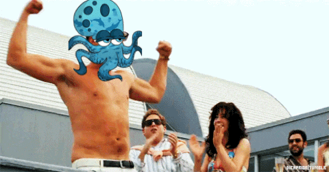 a shirtless man with an octopus on his head stands in front of a crowd