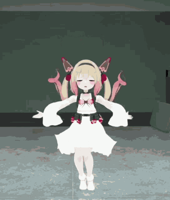 a cartoon girl in a white dress is standing on a concrete floor with her arms outstretched