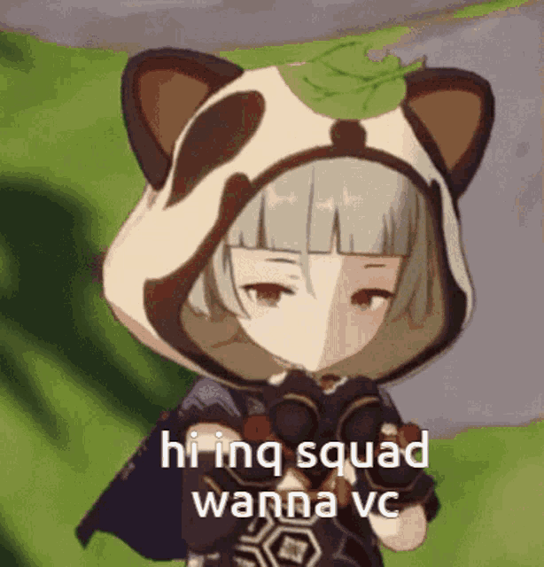 a cartoon character is wearing a cat hood and the words hi ing squad wanna vc