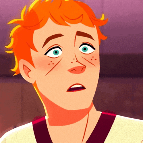 a close up of a cartoon character with orange hair and green eyes