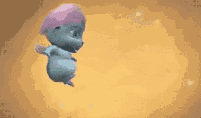 a cartoon character with pink hair is flying in the air on a yellow background .