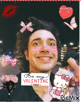 a picture of a man with a hello kitty and the words be my valentine written on it
