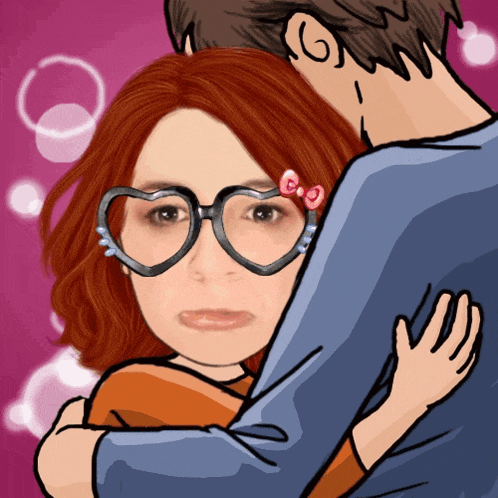 a cartoon of a woman wearing heart shaped glasses hugging a man with the letter g on his head