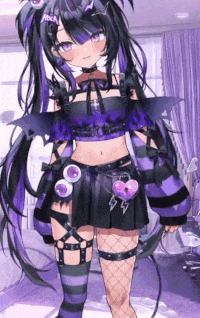 a girl in a purple and black outfit is standing in a room .