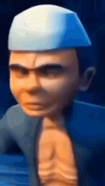 a close up of a cartoon character with a blue hat on