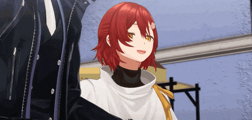 a girl with red hair is wearing a black jacket