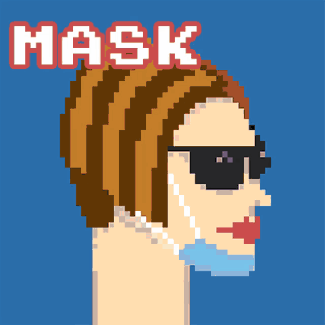 a pixel art illustration of a woman wearing sunglasses and the words mask on above her