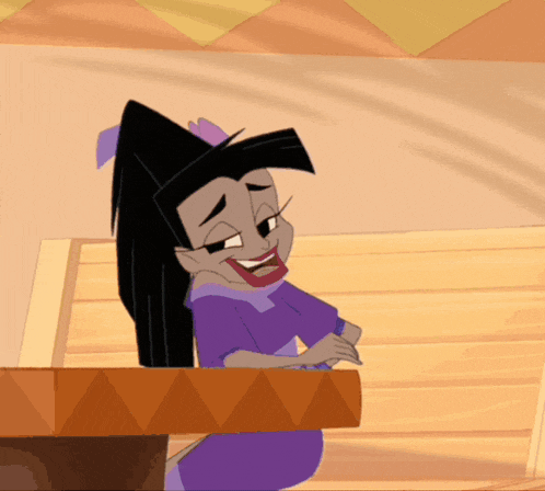 a cartoon character sitting at a table with a purple shirt on