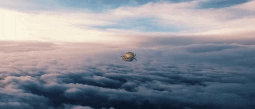 a person is flying through a cloudy sky with a globe in the background