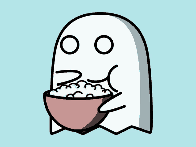 a ghost is eating a bowl of popcorn with its mouth open