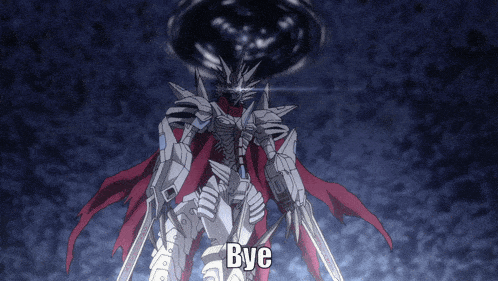 a robot with a red cape and the word bye on it