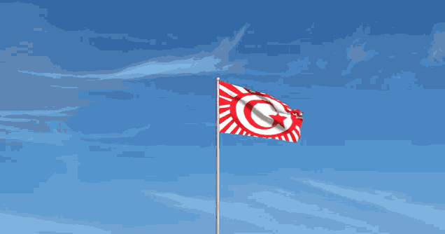 a red and white flag with a star in the middle is waving in the wind