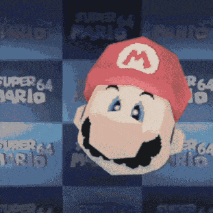 a pixelated image of a mario character with the words super 64 mario behind him