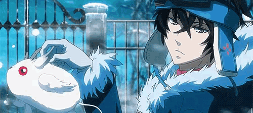 a boy in a blue fur coat is holding a white rabbit