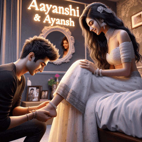 a painting of a man putting a bracelet on a woman 's foot