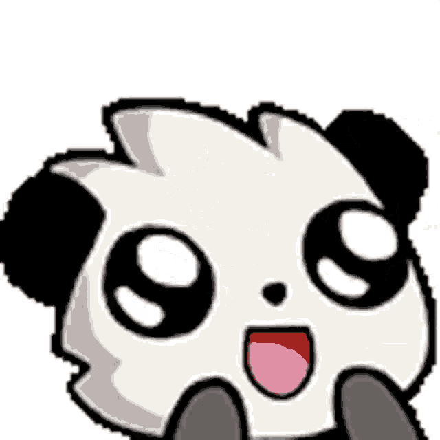 a cartoon panda bear with a pink tongue sticking out is holding its paws up .