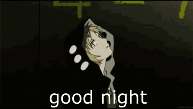 a picture of a anime character with the words good night written below him