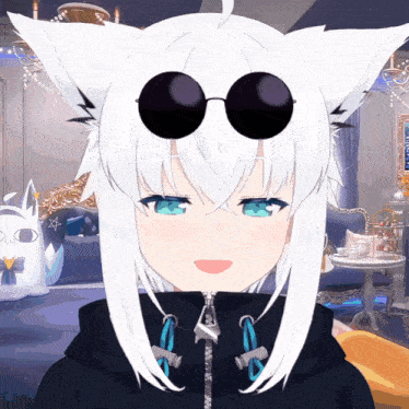 a girl with white hair and blue eyes wearing sunglasses and a black jacket