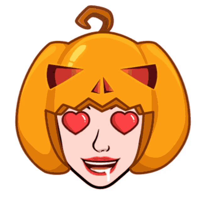 a cartoon drawing of a woman wearing a pumpkin mask with hearts in her eyes