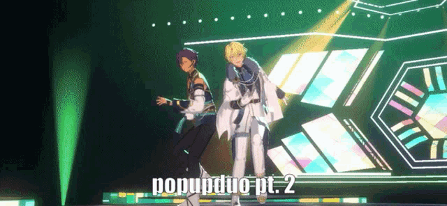 two anime characters are dancing on a stage with the words popupduo pt. 2 written below them