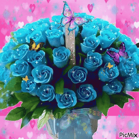a bunch of blue roses with butterflies on a pink background .