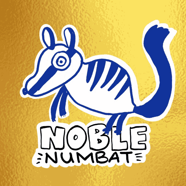 a noble numbat sticker with a blue animal on a gold background