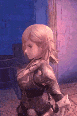 a video game character is standing in front of a brick wall