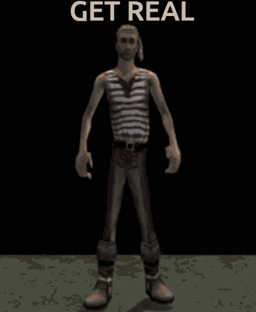 a man in a striped shirt is standing in front of a sign that says " get real "