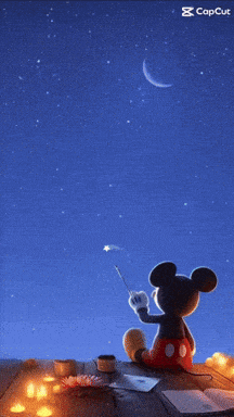 a picture of mickey mouse sitting on a beach looking at the stars