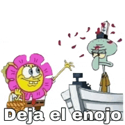 spongebob and squidward from spongebob squarepants are standing next to each other and a flower .