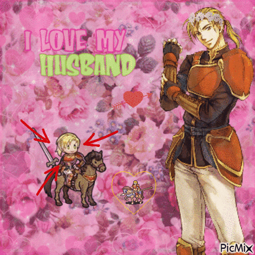 a picture of a man holding a sword with the words " i love my husband " on it