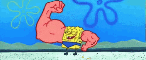 a cartoon of spongebob flexing his muscles in front of a flower .