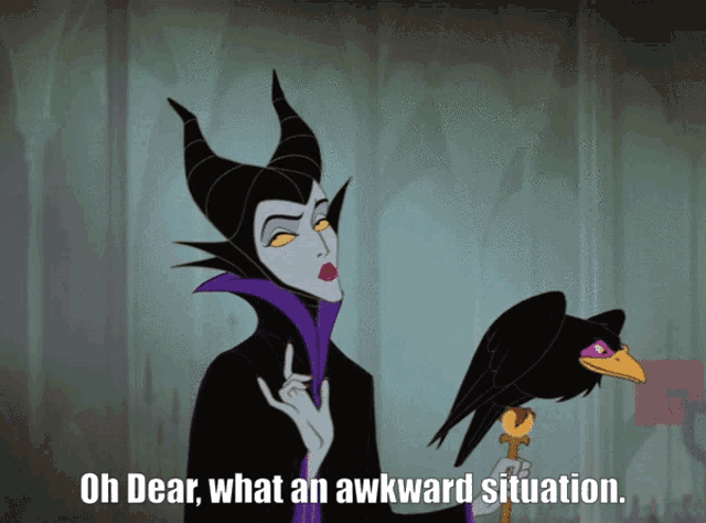 a cartoon of maleficent holding a black bird with the caption oh dear what an awkward situation