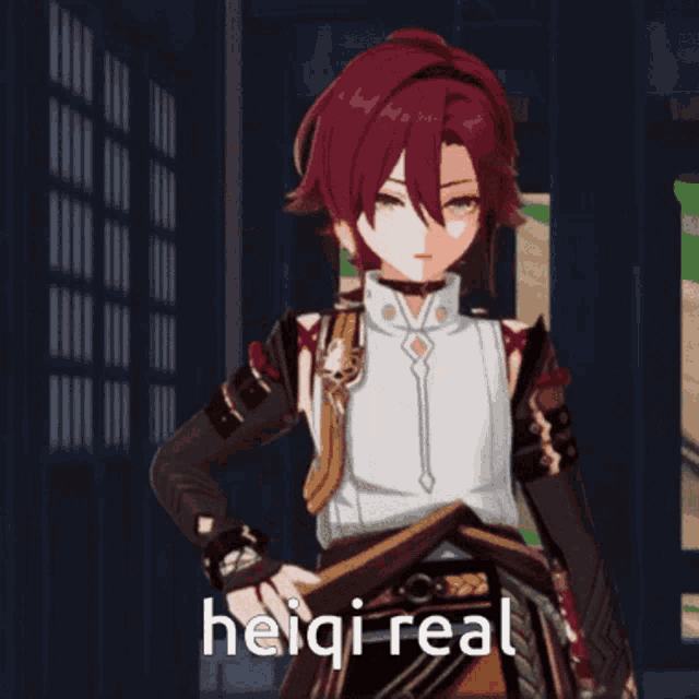 a cartoon character with red hair says heigi real in a dark room