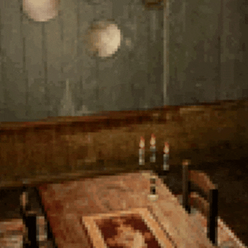 a painting of a dining room with a table and chairs and candles