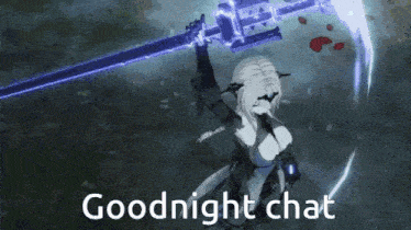 a video game character is holding a sword and the words goodnight chat are below her